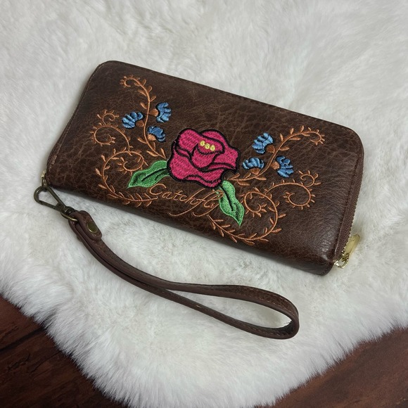 Catchfly Wallet Western Embroidered Rose Chestnut Brown Wristlet Wallet - Picture 1 of 7